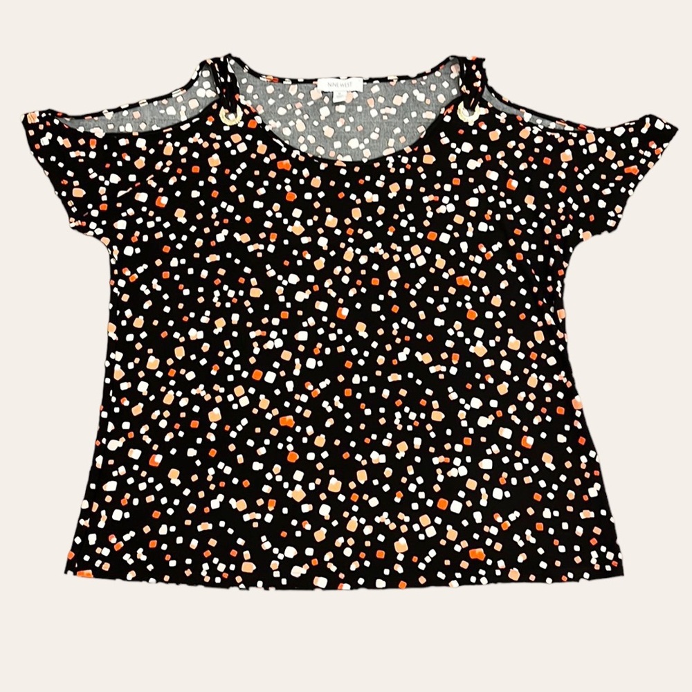 Nine West Cold Shoulder Black Pattern Short Sleeve Blouse